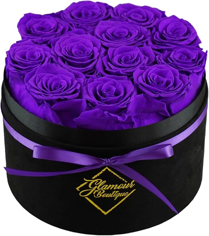 GLAMOUR BOUTIQUE Flowers Forever Gift Box 12 Real Preserved Roses in a Velvet Box, Birthday for Her Mom and Wife, Mothers Day, Anniversary, Graduation - Purple