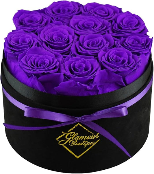 GLAMOUR BOUTIQUE Flowers Forever Gift Box 12 Real Preserved Roses in a Velvet Box, Birthday for Her Mom and Wife, Mothers Day, Anniversary, Graduation - Purple