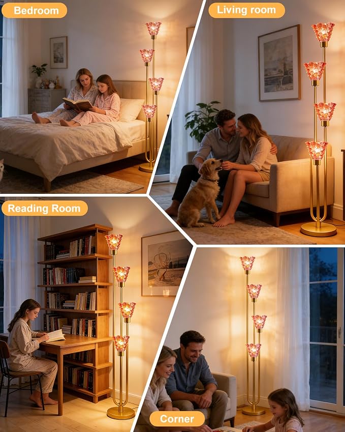 4-Light Modern Glass Floor Lamp, Gold Tall Standing Lamp with Deep Red Flower Glass Shade, Dimmable LED Floor Lamp with Line Control &5Lbs Heavy Base for Living Room Bedroom, Bulb Included