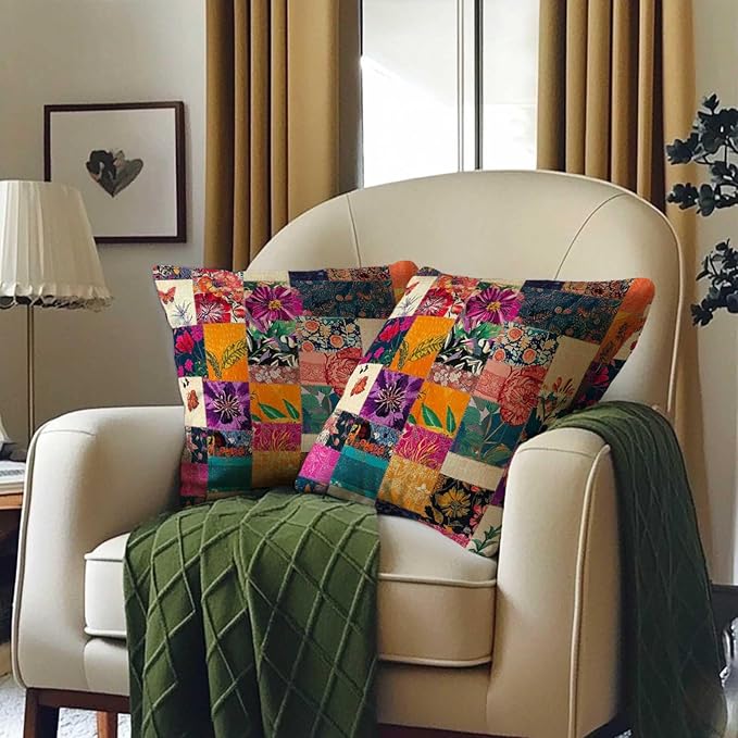 Printed Faux Patchwork Throw Pillow Covers 18x18 Set of 2 | Rustic Kantha Cushion Cases with Hidden Zipper | Floral Decorative Pillowcases for Couch, Sofa, Living Room and Bedroom