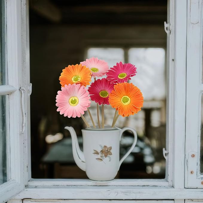 6 Pcs Artificial Gerbera Daisies Flowers Artificial Daisy Bouquet Fake Daisy Stems Faux Flowers Bulk Artificial Flowers Wildflowers Silk Flowers for Wedding Bridal Bouquet Party Home Kitchen