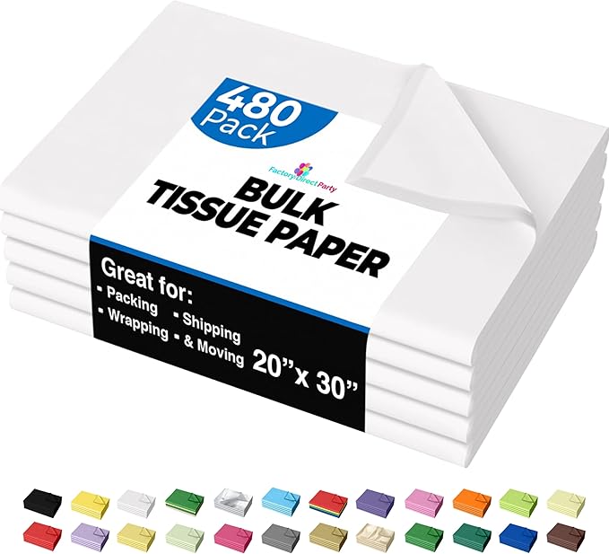 Party Solids White Tissue Paper for Gift Bags - 20" X 30" Bulk Tissue Paper White 480 Sheets - 10lb Newsprint for Packing, Birthday Gift Box Filler, Packing Supplies for Moving Supplies