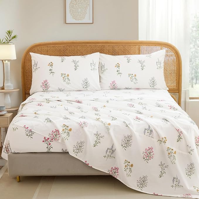100% Cotton Sheet Set Queen Size – 4-Piece Chic Garden Floral White Bedding Set, Soft Breathable Percale Weave, Deep Pocket Fitted Sheet 17.5", Crisp Cool Feel, Refined Botanical Elegance