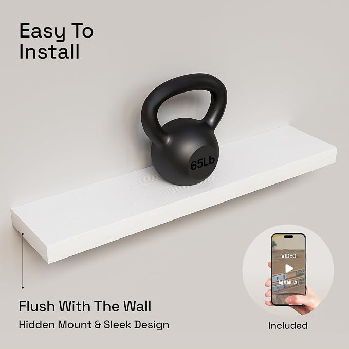 BAOBAB WORKSHOP Wood Floating Shelves for Wall 30 Inches Long, White Solid Wooden Bathroom Shelf Large, Heavy Duty Wall Shelf 30 Inch Kitchen Bedroom Thick, White Finish, 30W × 6.7D, Set of 2