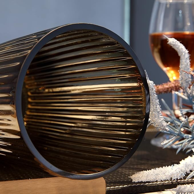 Large Cylinder Ribbed Brown Glass Flower Vase for Farmhouse Dining Table Centerpieces Decor