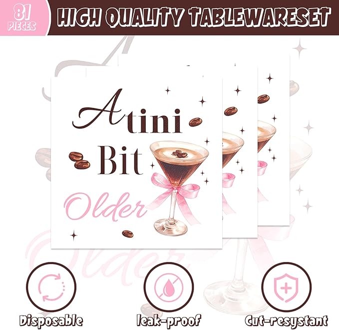 141pcs Espresso Martini Birthday Party Decorations A Tiny Bit Older Supplies Espresso Martini Plates Napkins Forks Knives Straws Tablecloth Cups for Women Martini Bachelorette Bridal Shower Supplies