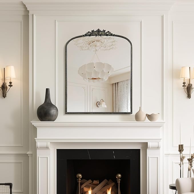 WallBeyond Black Vintage Mirror for Vanity 28x36 Inch, Black Antique Mirror with Ornate Frame, Arched Vintage Wall for Bathroom, Living Room, Fireplace, Entryway