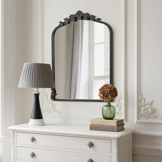 WallBeyond Black Antique Mirror for Vanity 22x30 Inch, Black Vintage Mirror with Ornate Frame, Arched Vintage Wall for Bathroom, Living Room, Fireplace