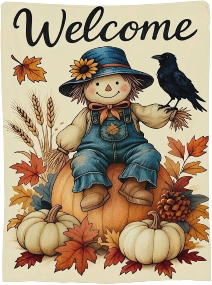 Fall Pumkin Blanket Farmhouse Autumn Harvest Throw Blanket Fall Scarecrow Soft Cozy Fleece Fuzzy Stuffed Plush Flannel Gifts for Girls Women Boys Kids Adults 40''x50''