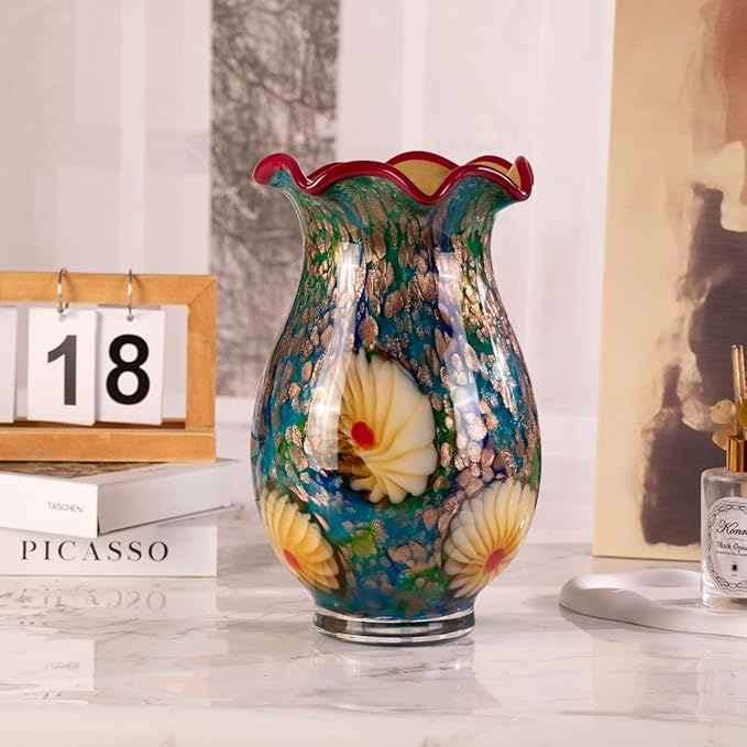 KAMMAK Colored Glass Vase, Beautiful Hand Blown Decorative Vase, Modern Art Vase for Flower Mantle Dining Table Centerpiece, Entryway Living Room Wedding Decoration, ZSLX002