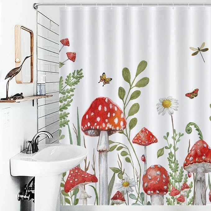 Mushroom Shower Curtain, Rustic Sage Green Botanical Vintage Mushroom Wildflower Forest Plants Herbs Farmhouse Country Waterproof Fabric Bathroom Shower Curtain Set with Hooks, 72"x84" Inch