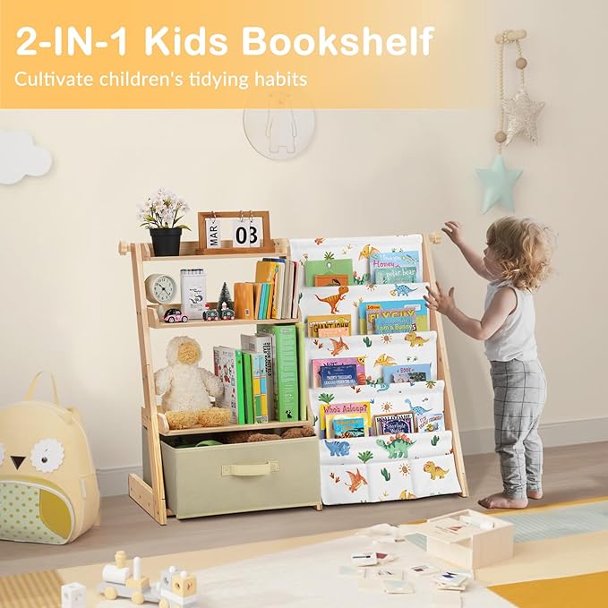 Kids Bookshelf and Toy Storage Organizer Wooden 2 in 1 Toddler Bookcase-4 Tier Book Shelf with Toy Box for Kids Room,Nursery,Playroom