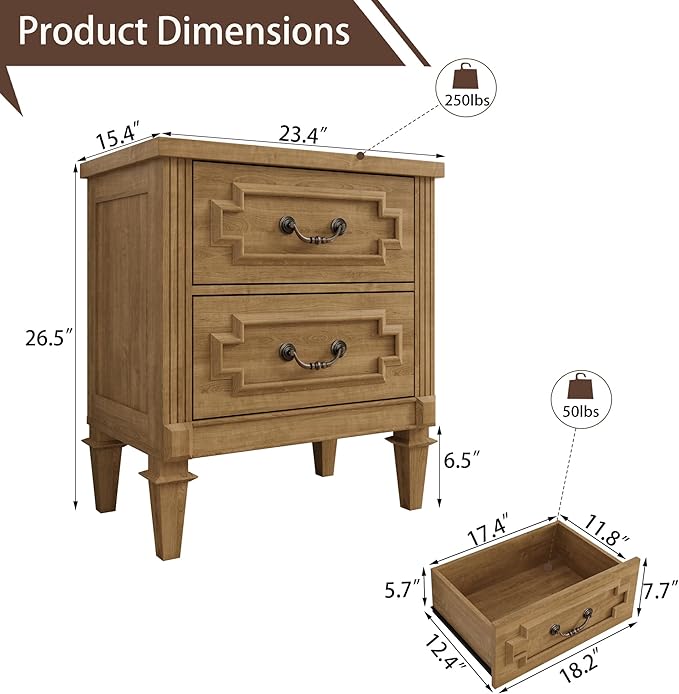 BLANKSPACE Farmhouse Nightstand wtih Vintage Surface, 26" Tall End Table, Side Table with 2 Drawers Storage Cabinet for Bedroom, Living Room, Natural Oak