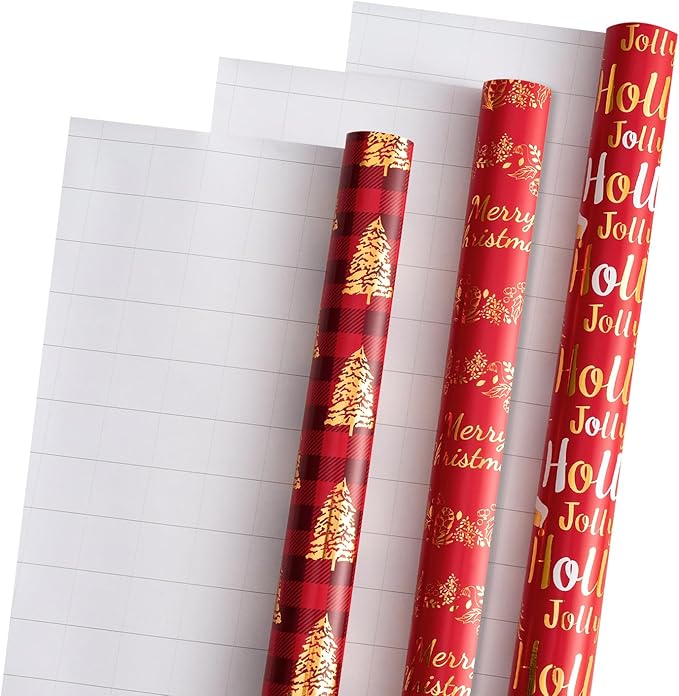 LeZakaa Red Gold Christmas Wrapping Paper Mini Roll, Christmas Tree Buffalo Plaid, Holly Jolly, Wreath Metallic Foil Holiday Gift Wrap, Arts Craft, for Xmas Winter Party, 17 x 120 inches, 3 Rolls