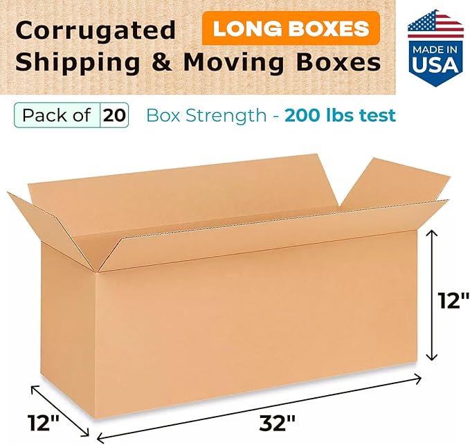 Long Shipping & Moving Boxes 32"L x 12"W x 12"H (20-Pack) - Extra Strength 200 lb vs Regular - Corrugated Packing Boxes Made in USA - Heavy Duty Moving Box - Cardboard Packing Box by IDL Packaging