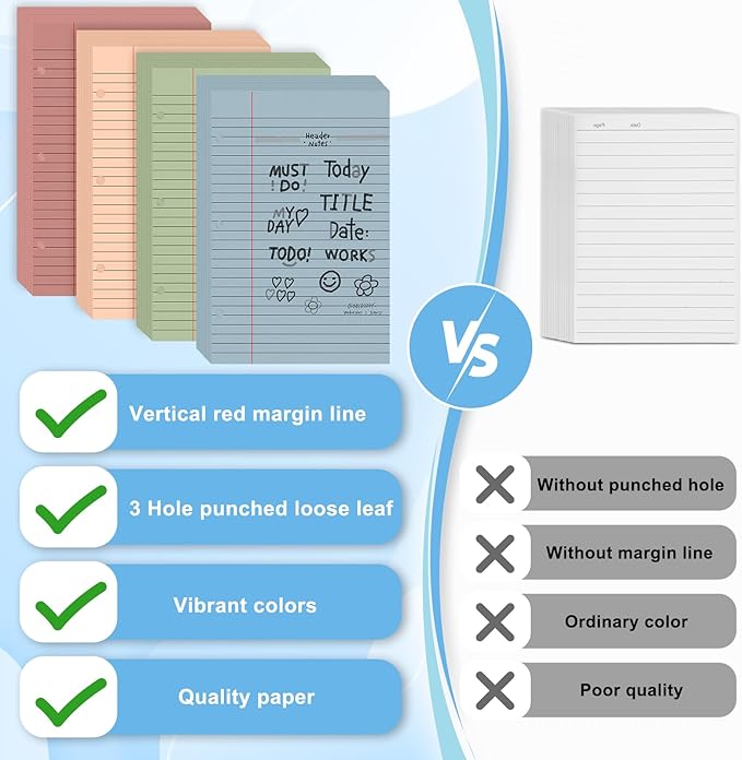 200 Sheets Half Letter Lined Paper 5.5 X 8.5 In Colored Notebook Paper College Ruled Loose Leaf Paper 3 Hole Punched Half Mini Binder Inserts Fit 3 Ring Binder for School Office