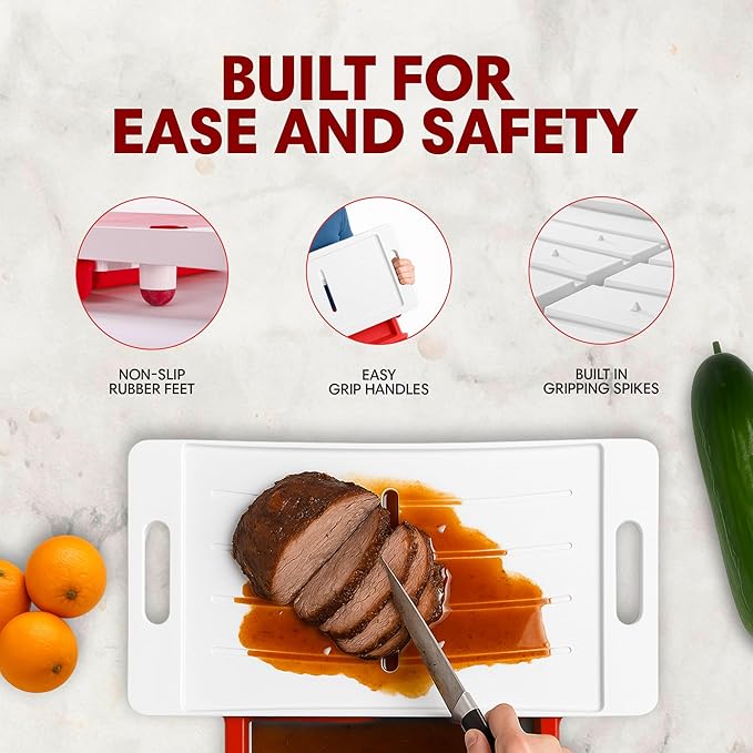 XL Meal Prep System Cutting Board - Large Cutting Board with Juice Groove, Spikes, Drip Tray & Removable Surface - Carving Board - BBQ Essential & Kitchen Gifts - BPA Free Cutting Board - Red