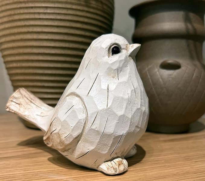 New White Modern Farmhouse Bird Figurine, Bird Statue Sculpture - Carved Rustic Distressed Animal Bird Ornaments - Home Decor Accents Collectible Bird Figurine | Spring