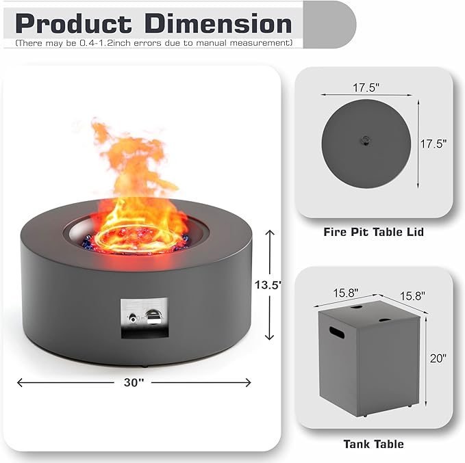 2-Piece 30" LED Round Propane Fire Pit for Outside Patio with Hidden Tank Table, 50,000 BTU Fireplaces with Lid, Glass Rocks, Cover(Dark Grey w/Golden Light)