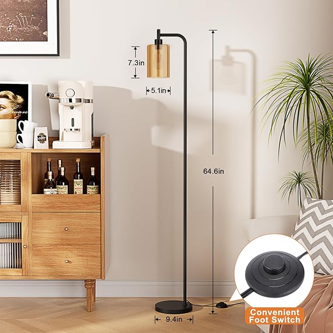 Ziisee Floor Lamps for Living Room - Standing Lamp with Amber Glass Shade, Modern Floor Lamp with LED Bulbs, Industrial Floor Lamp for Bedroom, Black Tall Lamp for Office(Light Bulb Included)