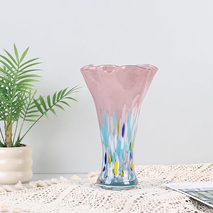 9.0" H Blush Glass Vases for Flowers, Unique Hand Blown Glass Vase Blush Home Decor, Wide Mouth Colorful Flower Vase Centerpieces, for Living Room Table Bookshelf, Bathroom Office Shelf Decorative