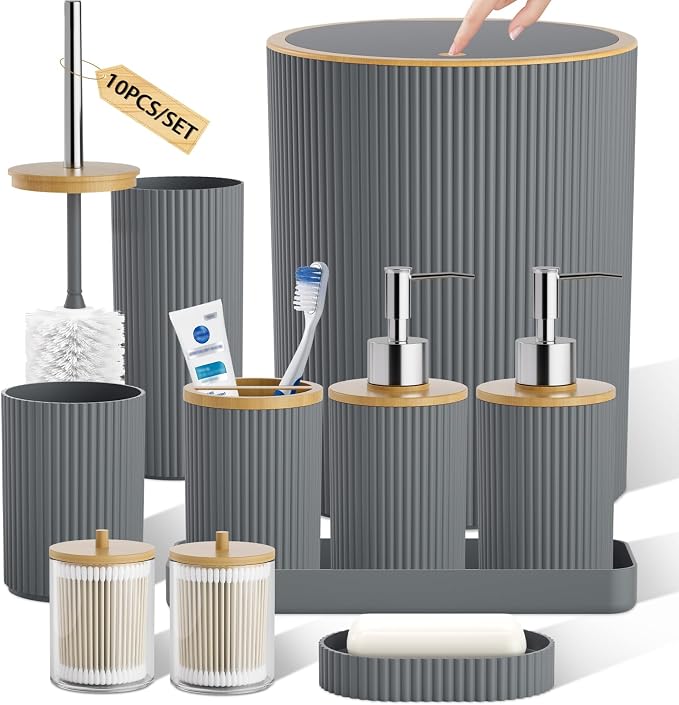 10PC Bathroom Accessories Set - Grey and Wooden Bathroom Sets, Bathroom Accessory Set with Pop Up Trash Can, Toilet Brush, Trash Can, Qtip Holder & Soap Dispenser