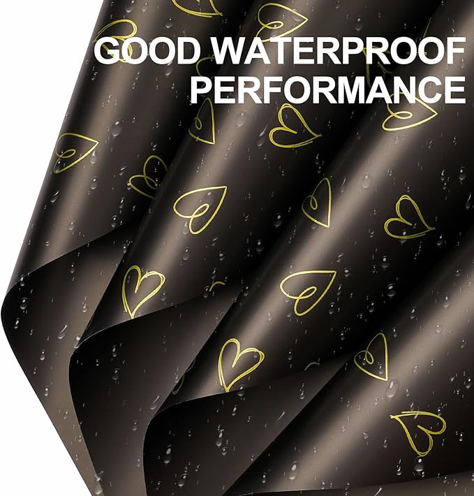WRAPAHOLIC 20 Sheets Flower Wrapping Paper - 22.8 x 22.8 inch Black Love Design Water-Resistant Floral Bouquet Wrapping Paper, Florist Supplies Packaging for Wedding Birthday Gift DIY
