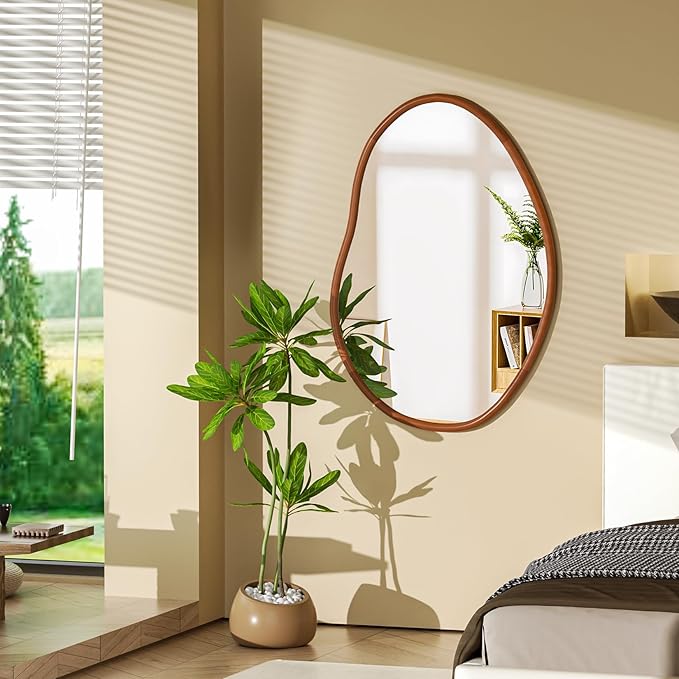 Irregular Wall Mirror Asymmetrical: Abstract Wood Frame 43x30 inch | Unique Vanity Glass Mirrors, Cloud-shape, Horizontal Vertical Hanging, Sleek Entryway Accent