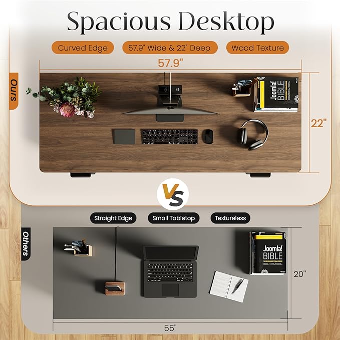 58" Fluted Home Office Desks with Storage, Modern Executive Desk Computer Desks with 5 Drawers & Cabinet, Wood Work Desk File Drawer for Office, Bedroom, Study, Living Room, Walnut
