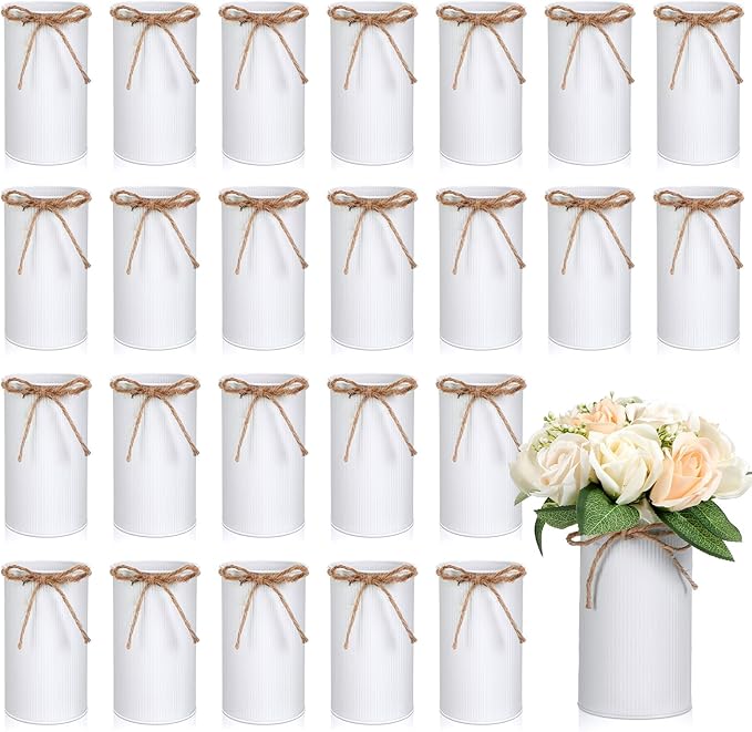 Domensi 5.91 in High Farmhouse Vase Decor Galvanized Metal Flower Vase with Twine Bow Vintage Rustic Tin Flower Buckets for Artificial Floral Table Container DIY(White,24 Pcs)