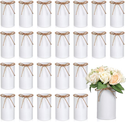Domensi 5.91 in High Farmhouse Vase Decor Galvanized Metal Flower Vase with Twine Bow Vintage Rustic Tin Flower Buckets for Artificial Floral Table Container DIY(White,24 Pcs)