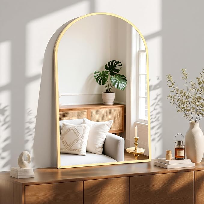NEWBULIG 26X38 Inch Arched Bathroom Mirror for Wall, Vanity Bathroom Mirrors for Over Sink Tempered Glass, Anti-Rust Arched Metal Framed, Hangs Horizontally or Vertically, Farmhouse Home Decor, Gold