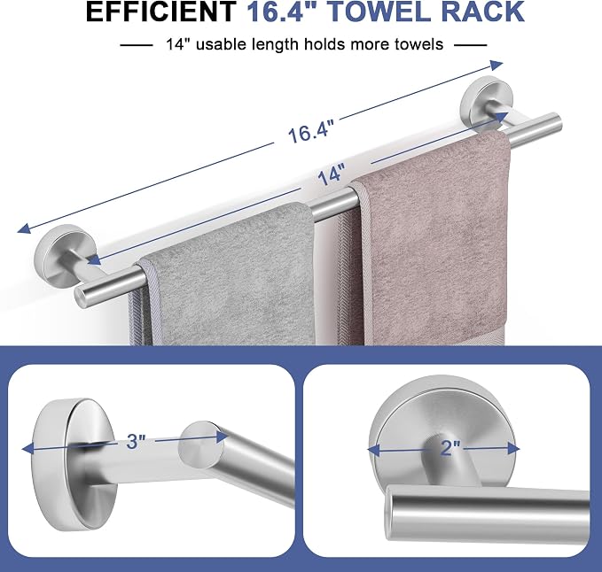 Brushed Nickel Towel Bar, 14 Inch Towel Racks for Bathroom Wall Mounted, SUS304 Stainless Steel Bathroom Towel Holder, Total Length 16.4 Inch Towel Bars