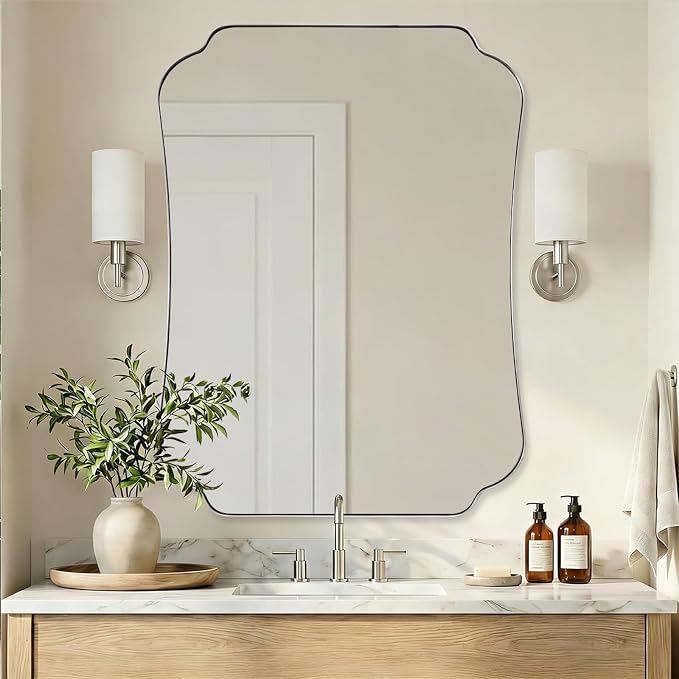 ANDY STAR Brushed Nickel Mirror 36x48 Inch, Bathroom Mirror for Wall, Large Scalloped Wall Mirror in Anti-Rust Stainless Steel Metal 1’’ Frame, Wall Mounts Horizontally or Vertically