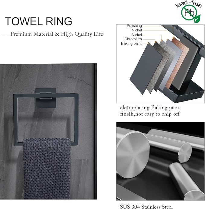 Black Towel Bar Set 5-Piece Bathroom Hardware Set Including 23.6 Inch Towel Bar,Towel Ring Towel Hook and Toilet Paper Holder with Shelf,Stainless Steel Bathroom Accessories Set