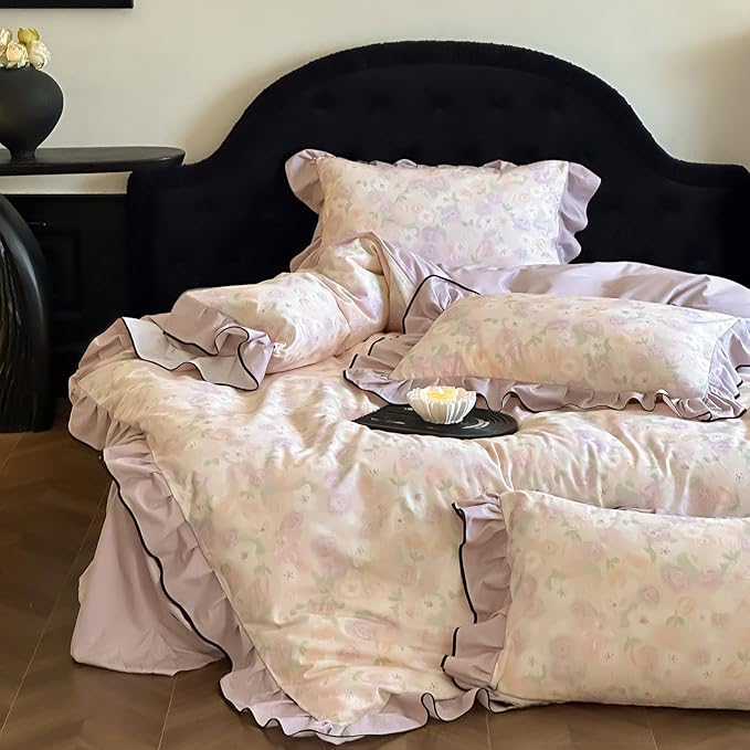 HighBuy Floral Ruffle Duvet Cover Queen Vintage Purple Floral Lace Ruffle Coquette Bedding Set Brushed Cotton Soft Breathable Durable Farmhouse Bedding Set with 4 Corner Ties,Queen