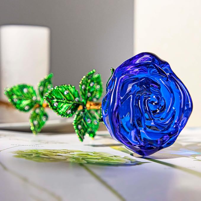 HDCRYSTALGIFTS 9.5'' Crystal Rose Flower Glass Blue and Green Flowers with Green Leaves for Wedding Anniversary/Wife, Romantic Forever Gifts for Her (Pack of 2)