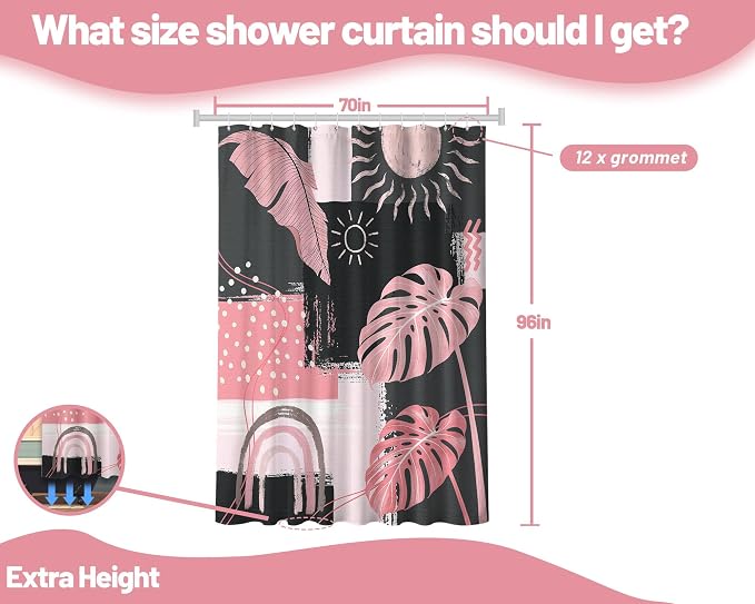Extra Long Shower Curtain 96 Inchs Extra Tall Pink and Gray XL Mid Century Modern Boho Abstract Shower Curtains for Large Bathroom Decor Sets, Waterproof Cloth Fabric with Hooks, 70 x 96 Inch