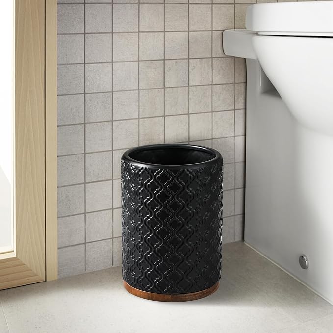RQYIXI Elegant Bathroom Accessories Set 6 PCS Ceramic and Wood Bathroom Accessory Set Soap Dispenser Toothbrush Holder Tumbler Soap Dish Tray Trash Can Easy to Clean Quatrefoil Pattern Black