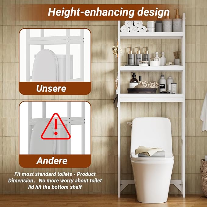 Over the Toilet Storage Cabinet, 3 Tier Over Toilet Bathroom Organizer with Adjustable Shelves and Hooks, Freestanding Wood Bathroom Shelves Over Toilet for Space Saver (White)