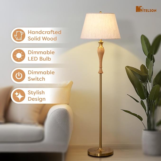Natural Wood Floor Lamp with Linen Shade, Dimmable Standing Lamp for Living Room Bedroom Office, Mid Century Modern Tall Lamp with Stepless Dimmer Switch and Bulb