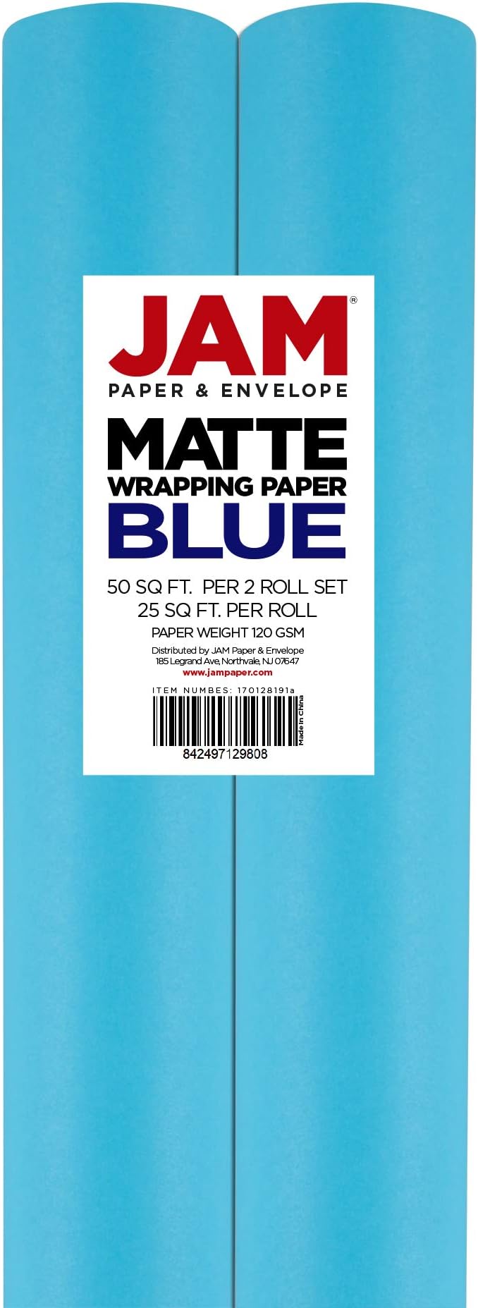 JAM Paper Gift Wrap - Matte Wrapping Paper - 50 Sq Ft Total (30 in x 10 Ft Each) - Matte Bright Blue/Peacock Blue - 2 Rolls/Pack