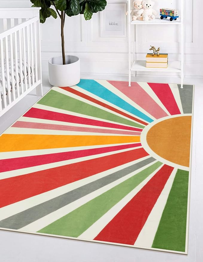 STARUIA Boho Washable Rug 4'x6' Kids Area Rug for Playroom, Non-Slip Kids Rug for Bedroom, Rainbow Modern Sun Carpet Soft Throw Sunshine Rugs for Office Nursery Entryway Dorm