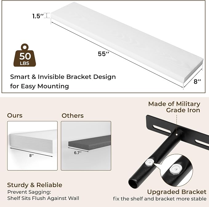RICHFOCUS 55Inch Floating Shelves for Wall 2 Pack Shelves for Bedroom|Kitchen|Bathroom Wall Mounted Rustic Wood Floating Shelf with Invisible Brackets for Books|Storage|Decor, White