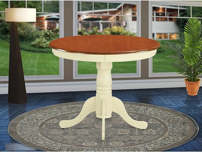 East West Furniture ANT-WHI-T Antique Modern Dining Table - a Round Kitchen Table Top with Pedestal Base, 36x36 Inch, Buttermilk & Cherry