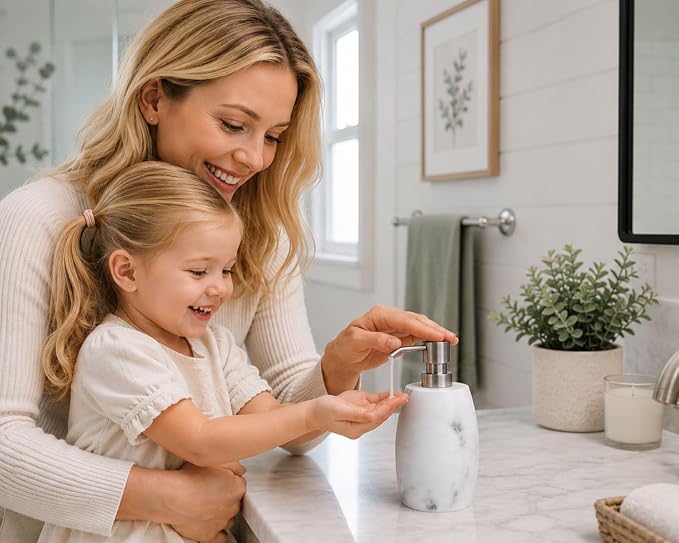 Clasin Home Resin Hand Soap Dispenser, Refillable Soap Dispenser with White Marble Look and Metallic Pump, Waterproof Bottle Labels for Bathroom Kitchen Dish Hand Wash Shower Lotion Shampoo (12 Oz)
