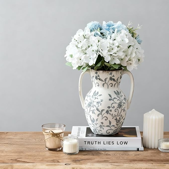 Gray and Beige Farmhouse Vintage Vase with 2 Handles, Chinoiserie Floral Vase, Rustic Ceramic Vases for Home Decor, Wedding, Living Room, Table, Shelf Decor - 8.3 Inch Tall
