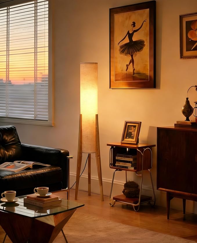 Natural Wood Tripod Floor Lamp, 48.8 in High Vintage Style Cylinder Floor Lamp with White Fabric Lampshade, Mid Century Modern Floor Lamp for Bedroom Living Room Home Office (Natural)