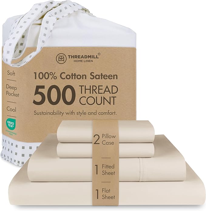Threadmill - Hotel Luxury Cotton Sheets King Size 100% Cotton, 500 Thread Count Deep Pocket, Snug Fit, Soft & Crisp Cooling Hotel-Quality Bedsheets 4 Piece Set (King, Beige)