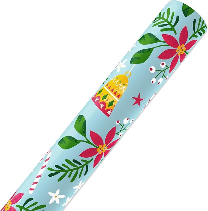 American Greetings Reversible Poinsettia Christmas Wrapping Paper Roll, Christmas Floral Holiday Gift Wrap (60 sq. ft., 1 Standard Roll Wrap-30 in. x 24 ft.) Papel de Regalo de Navidad